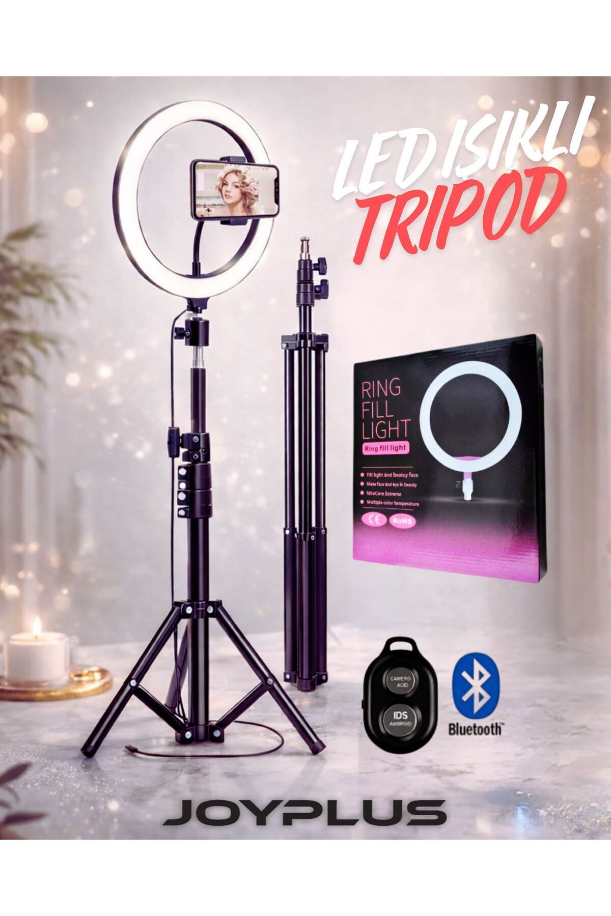 10''inç Ring Light Youtuber Tiktok Çekim Işıklı Telefon Tutucu+Tripod 2.10 m Kumandalı
