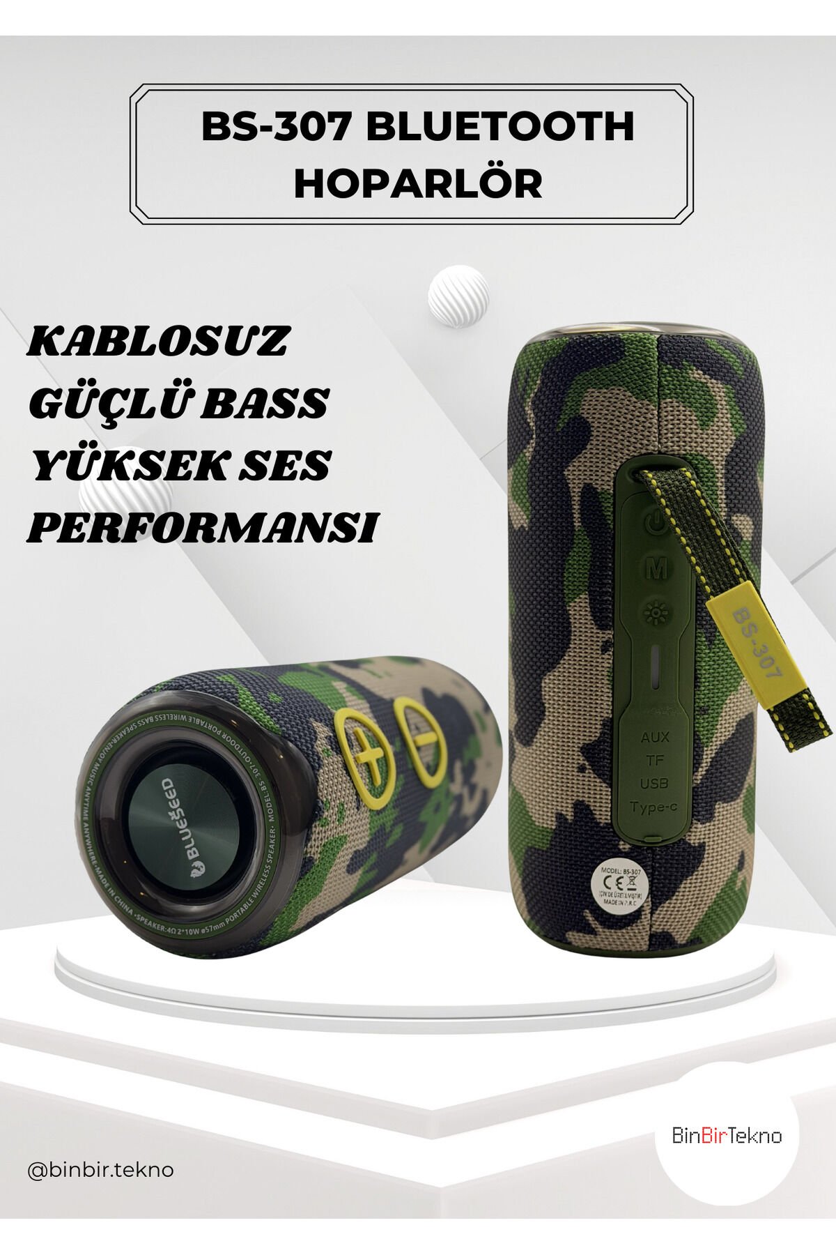 BinBirTekno BS-307 Bluetooth Speaker | Güçlü Bass, 20W Taşınabilir Kablosuz Hoparlör-Kamuflaj
