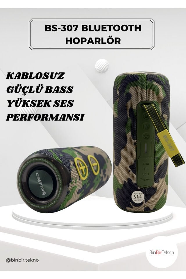BinBirTekno BS-307 Bluetooth Speaker | Güçlü Bass, 20W Taşınabilir Kablosuz Hoparlör-Kamuflaj