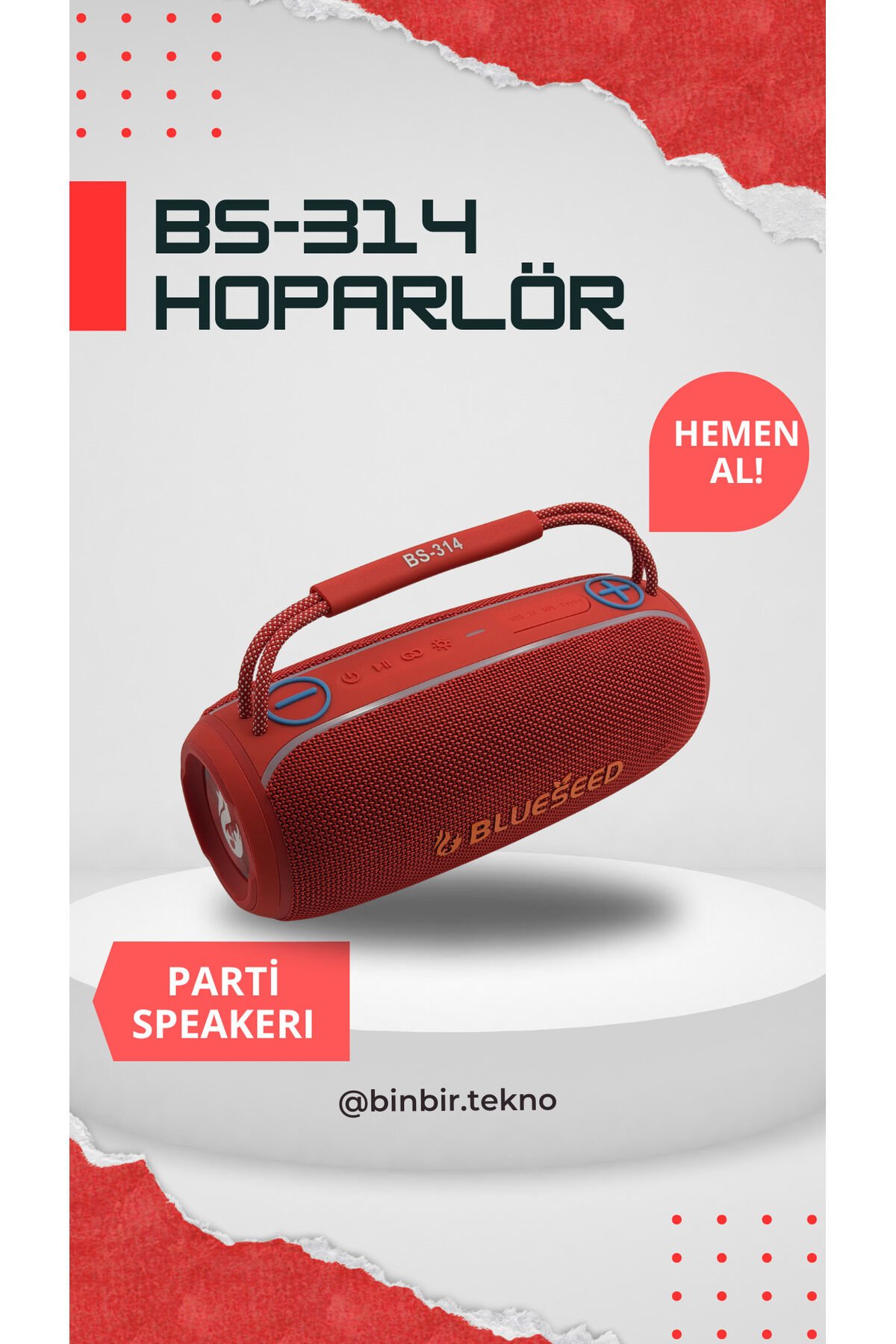 BinBirTekno BS-314 Kırmızı Bluetooth Speaker | Güçlü Bass, Yüksek Ses, Taşınabilir Kablosuz Hoparlör
