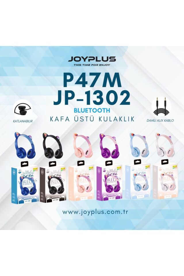 JP-1302 P47M Katlanabilir Kedi Kulaklı Işıklı Kablosuz Kulak Üstü Kulaklık